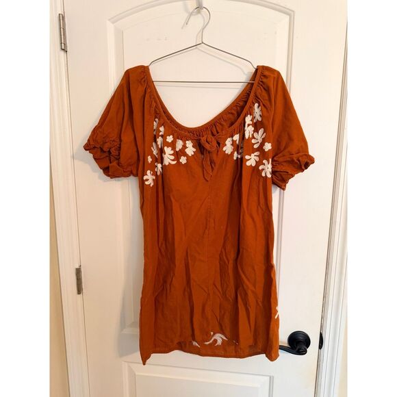Free People Mini Dress Women Size M Rust Embroidered Puff Sleeve Open Back Boho - Picture 5 of 8